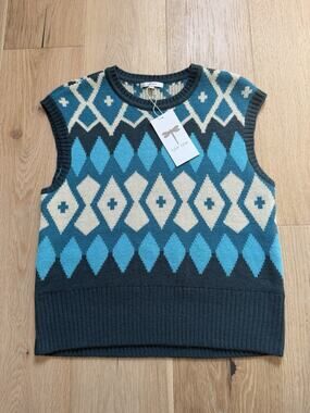 NWT Tyler Boe Argyle Diamond Knit Wool Sleeveless Sweater Vest Teal Size Small